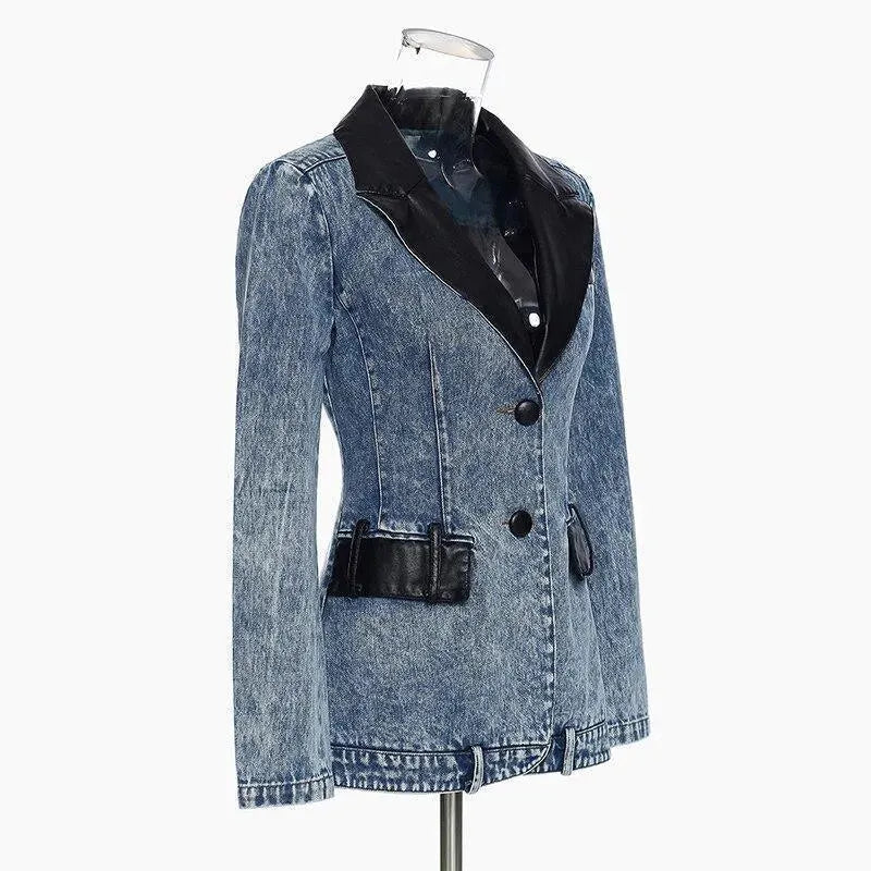 Streetwear Leather Collar Denim Blazer Women - Casual - Plain-Solid - Denim Blazer - LeStyleParfait