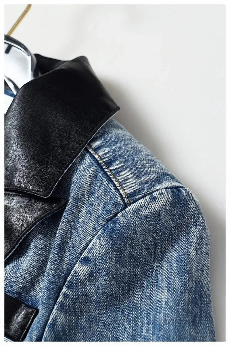 Streetwear Leather Collar Denim Blazer Women - Casual - Plain-Solid - Denim Blazer - LeStyleParfait