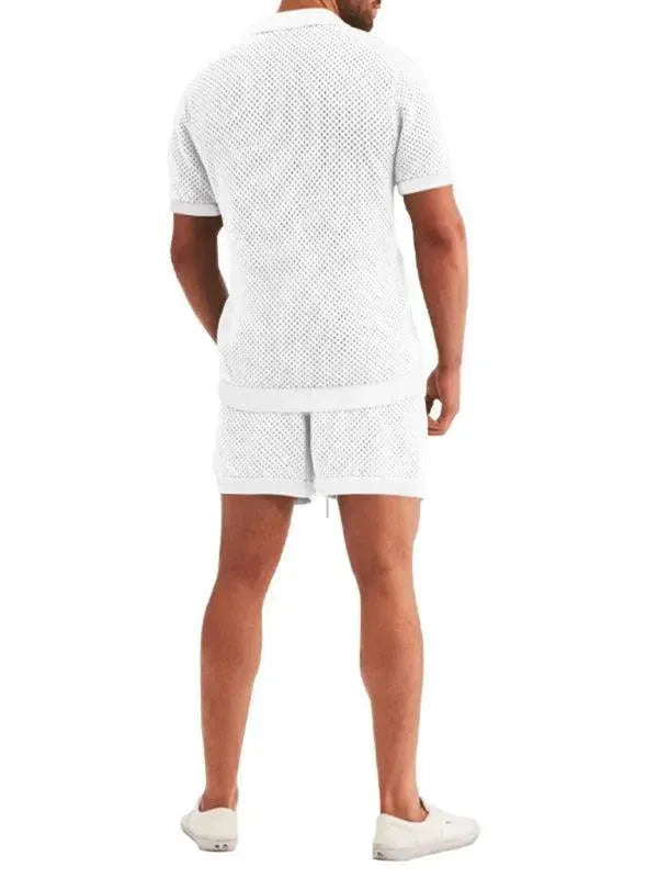 Stylish Mesh Short Sleeve Two-Piece Set - Solid Casual Shorts Two-Piece Set - LeStyleParfait