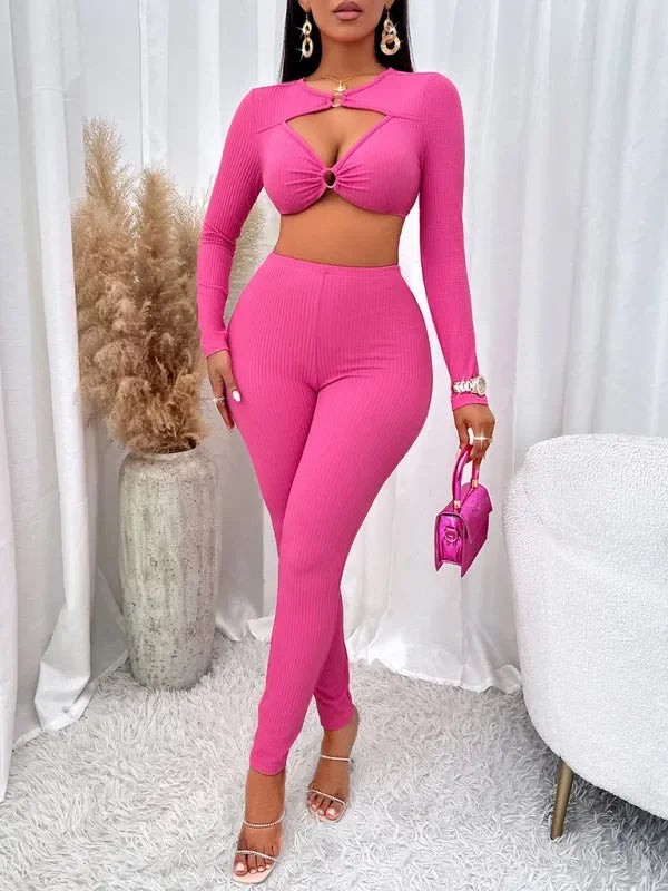 Stylish Women Casual Ribbed Two-Piece Set - Casual Pants Set - LeStyleParfait