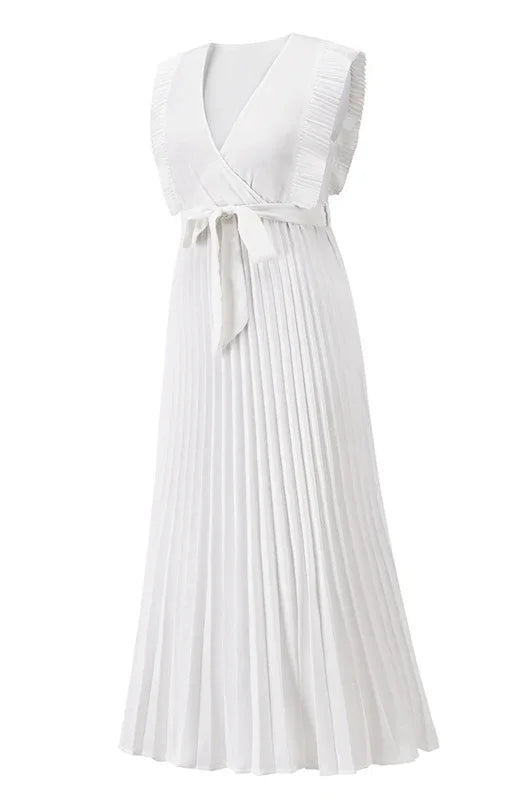 Women Midi Dress Solid V-Neck Ruffle Sleeve Wrap Fit Chiffon Summer Occasion | LeStyleParfait