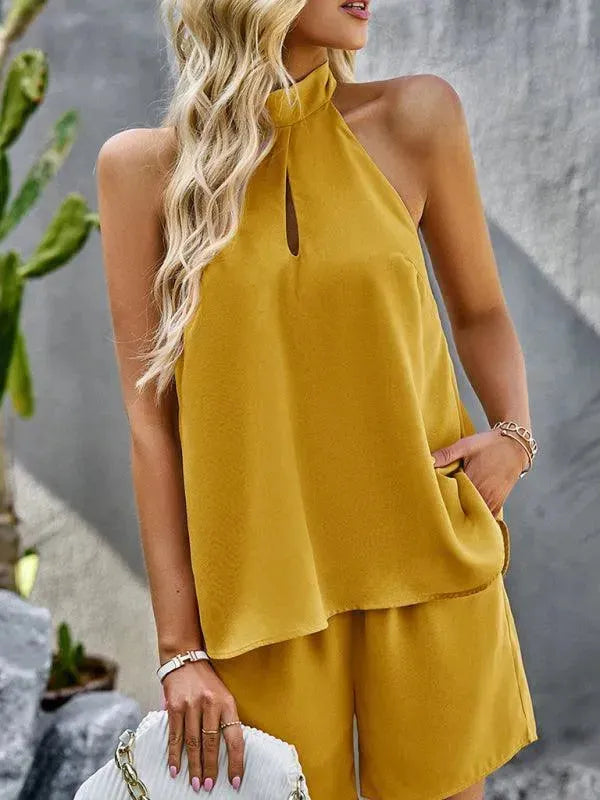 Trendy Teal Casual Halter Two-Piece Set - Halter Shorts Set - LeStyleParfait