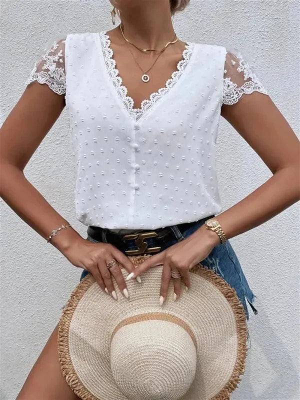 V-Neck Lace Women Blouse - Blouse - LeStyleParfait