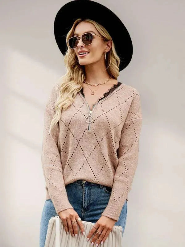 V-Neck Zipper Knitwear Sweater Top for Women - Pullover Sweater - LeStyleParfait