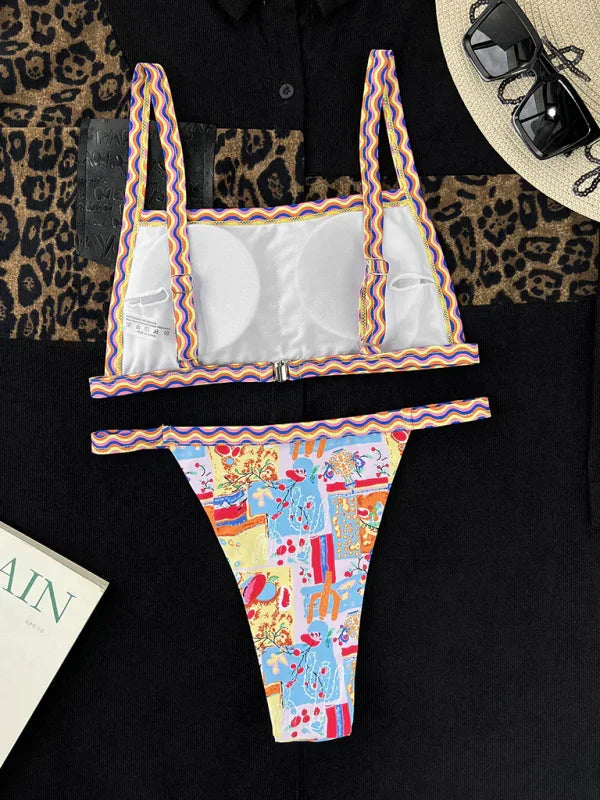 Women Blue Abstract Bandeau Bikini Set