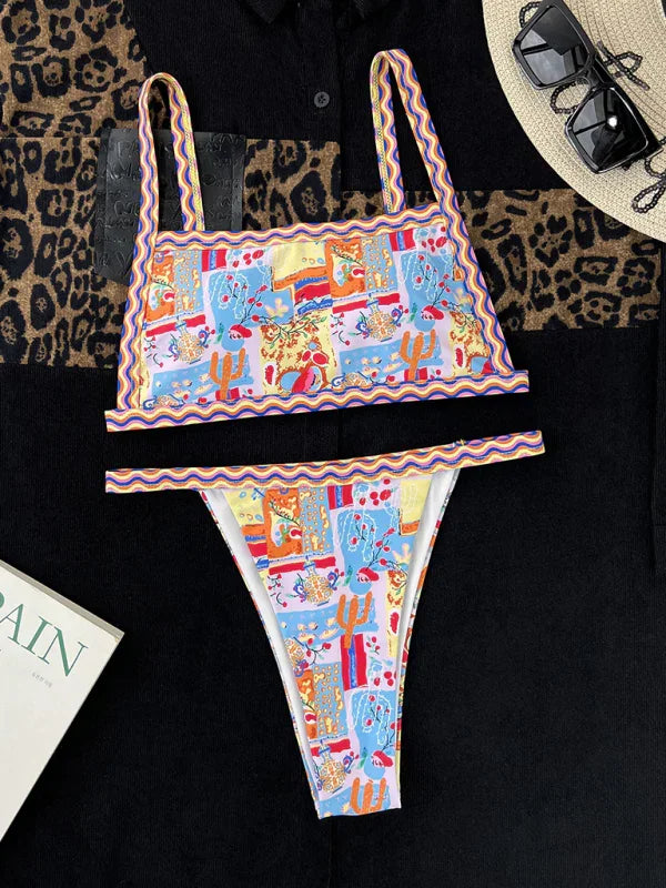 Women Blue Abstract Bandeau Bikini Set