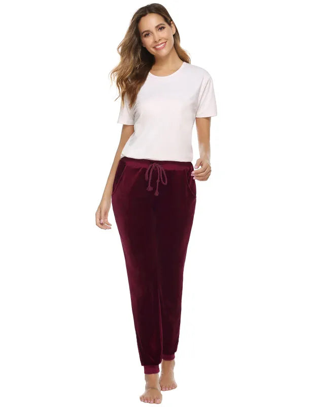 Cozy Women Jogger Pants Casual Velvet Lounge Elastic Waist Relaxed Fit Fall | LeStyleParfait