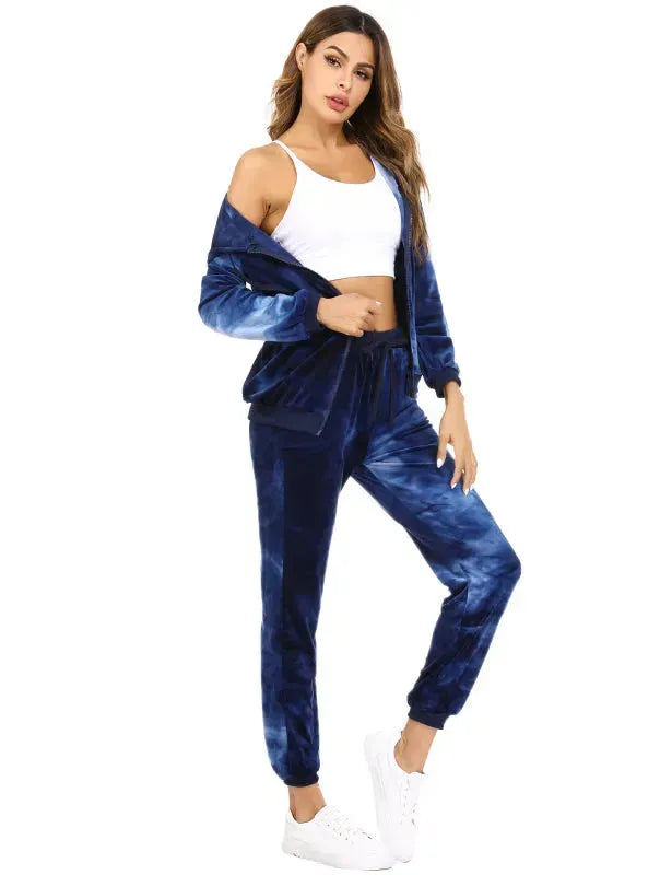 Women Casual Velvet Tie & Dye Two-Piece Jogger Set - Casual Jogger Set - LeStyleParfait