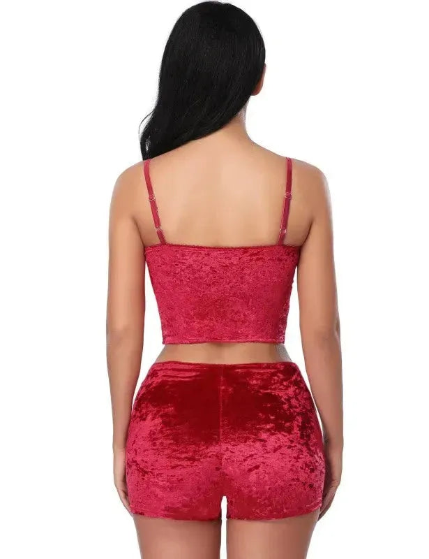 Women Casual Velvet Two-Piece Shorts Set - Casual Shorts Set - LeStyleParfait
