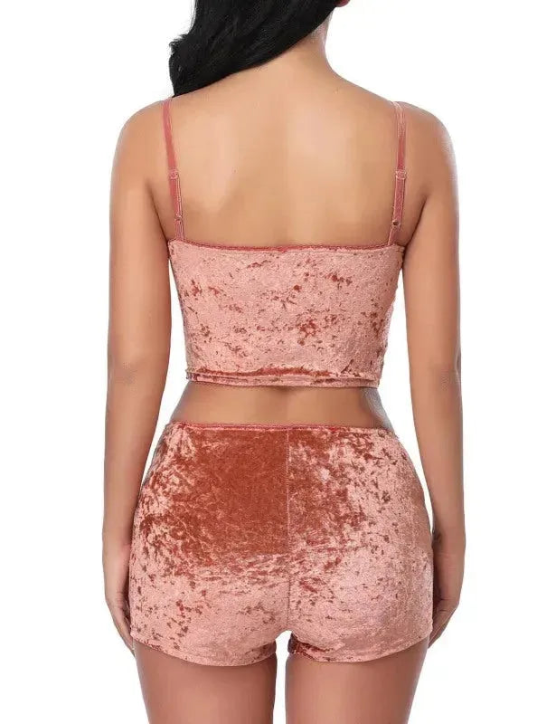 Women Casual Velvet Two-Piece Shorts Set - Casual Shorts Set - LeStyleParfait
