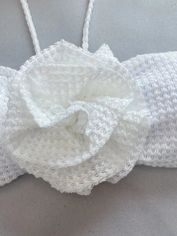 Women Floral White Bandeau Bikini Set