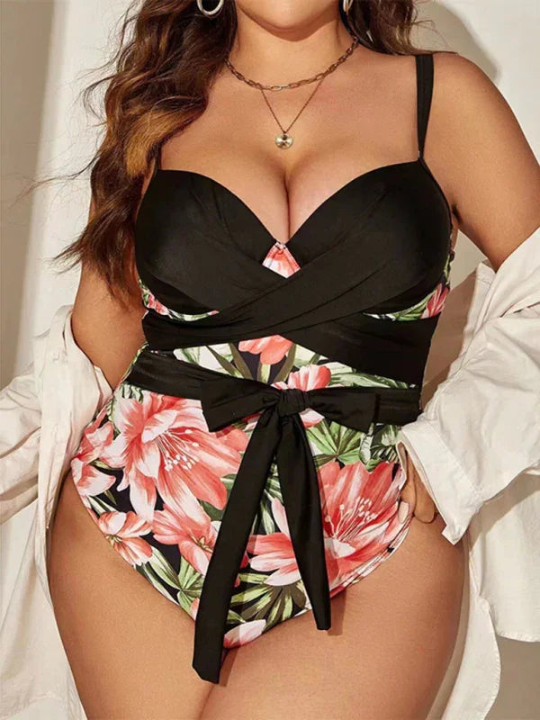 Women Floral Wrap One Piece Swimsuit fashion image