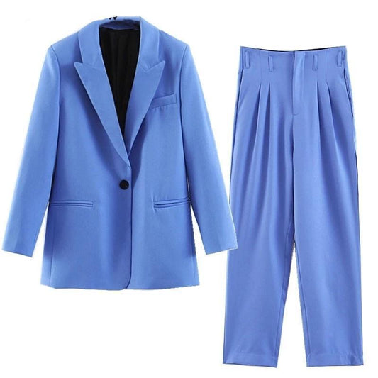 Women Pants Suit, One Button Suit, Pleated Pants, Blue - Suit - LeStyleParfait Kenya