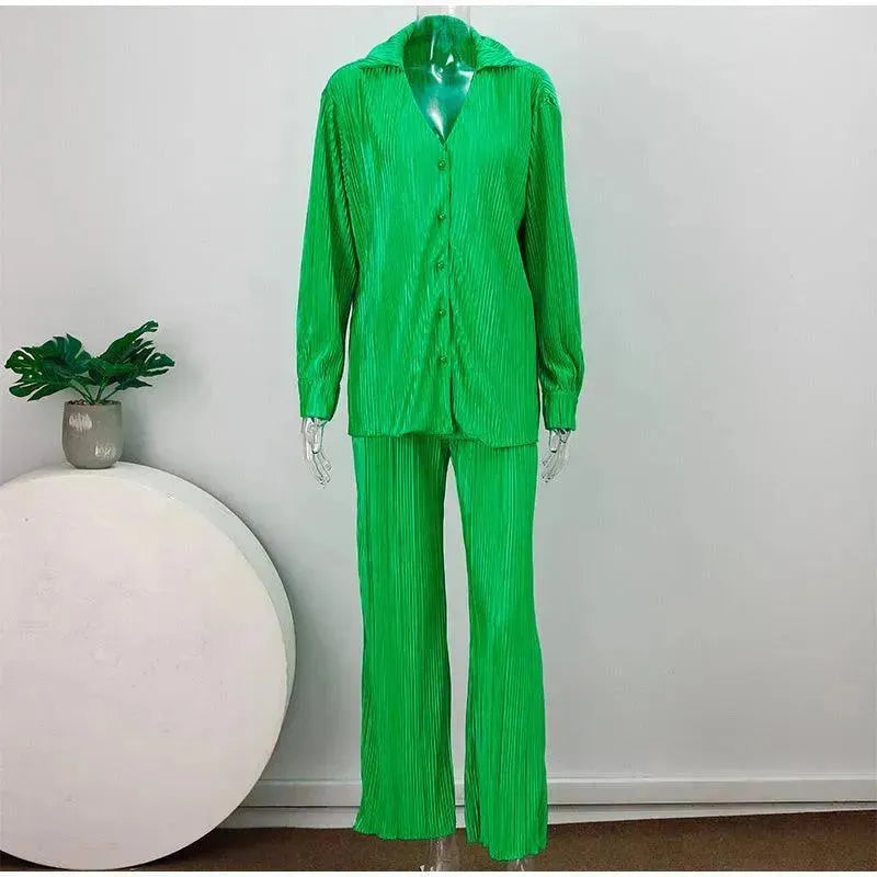 Women Pleated Two-Piece Pants Set - Pleated Pants Set - LeStyleParfait