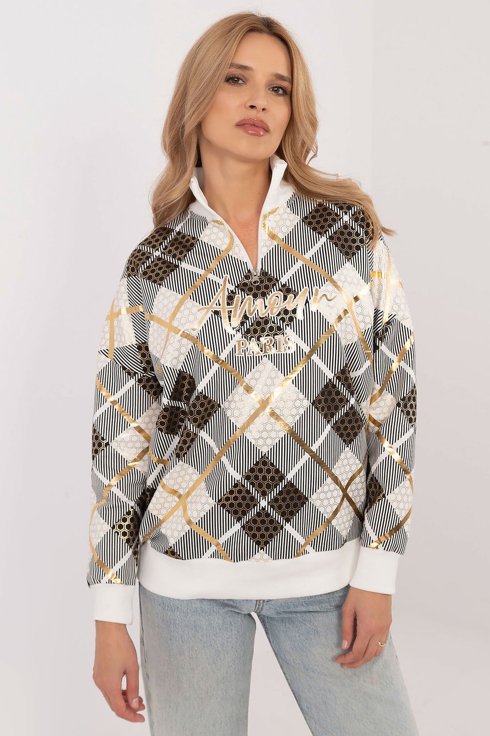 Women Regular Checked Zip-Up Sweatshirt Essential Fit-Women Sweatshirt-LeStyleParfait