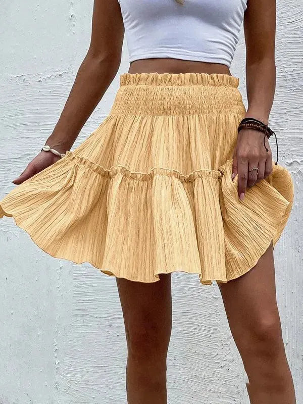 LeStyleParfait Women Skirts Ladies Casual Mini Skirt Plain-Solid Elastic Waist-Cake Short Skirt