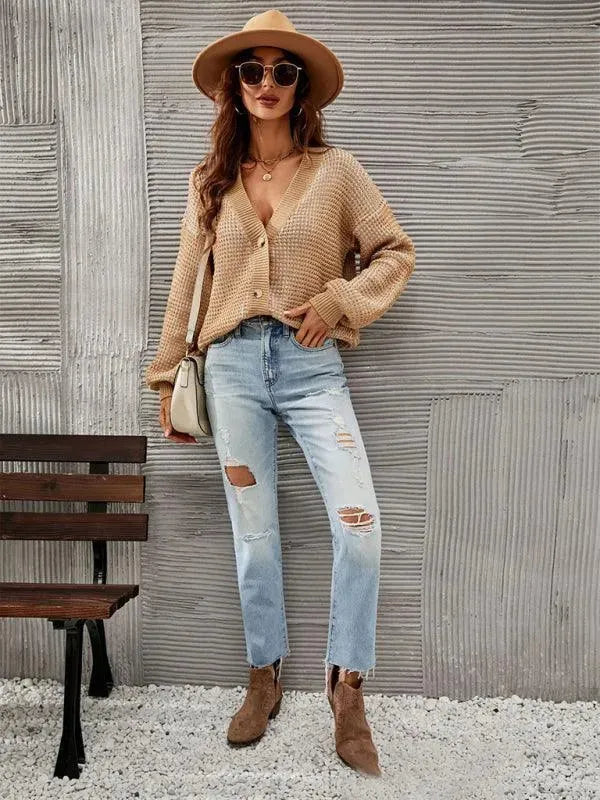 Women’s Cropped Button Cardigan Sweater – V-Neck Knit