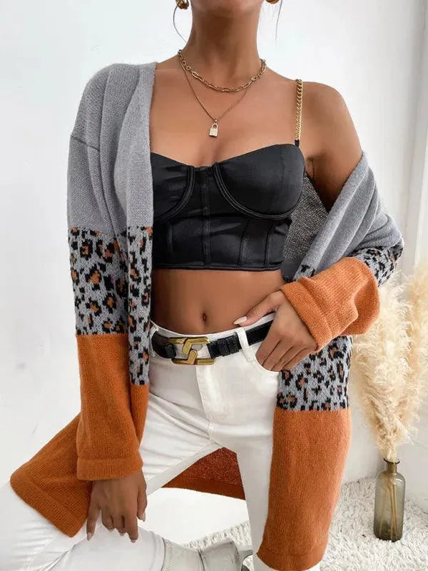 Women’s Leopard Longline Cardigan Sweater – Crew Neck