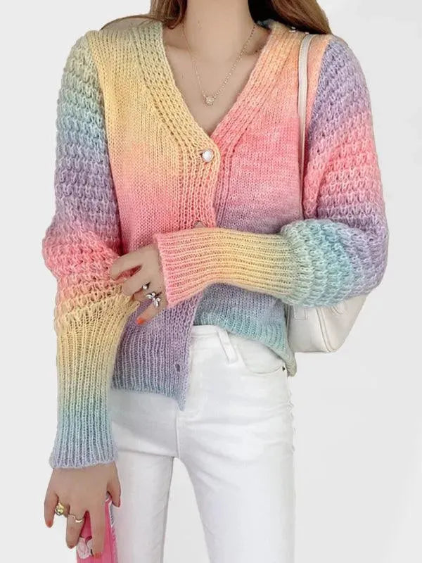 Women’s Rainbow Gradient Cardigan Sweater – V-Neck Knit