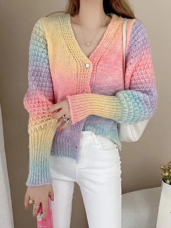 Women’s Rainbow Gradient Cardigan Sweater – V-Neck Knit