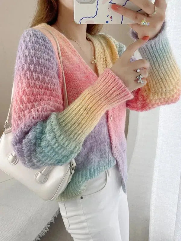 Women’s Rainbow Gradient Cardigan Sweater – V-Neck Knit