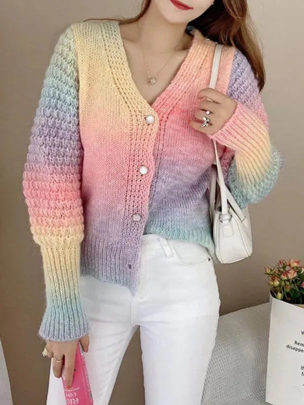 Women’s Rainbow Gradient Cardigan Sweater – V-Neck Knit