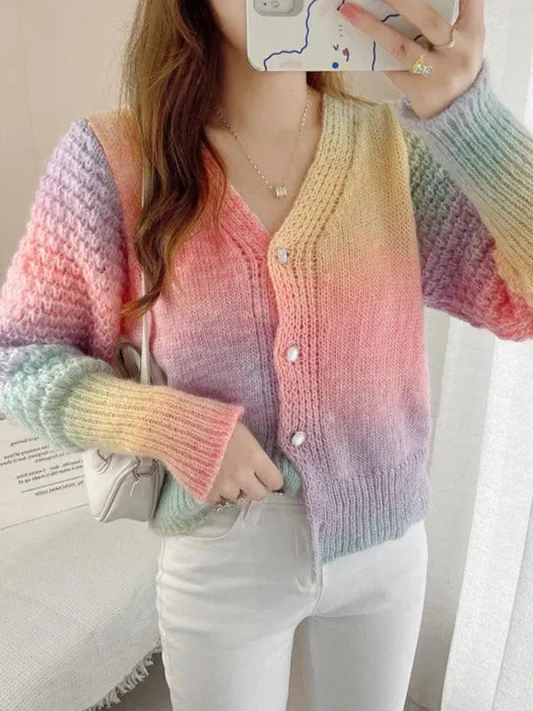 Women’s Rainbow Gradient Cardigan Sweater – V-Neck Knit