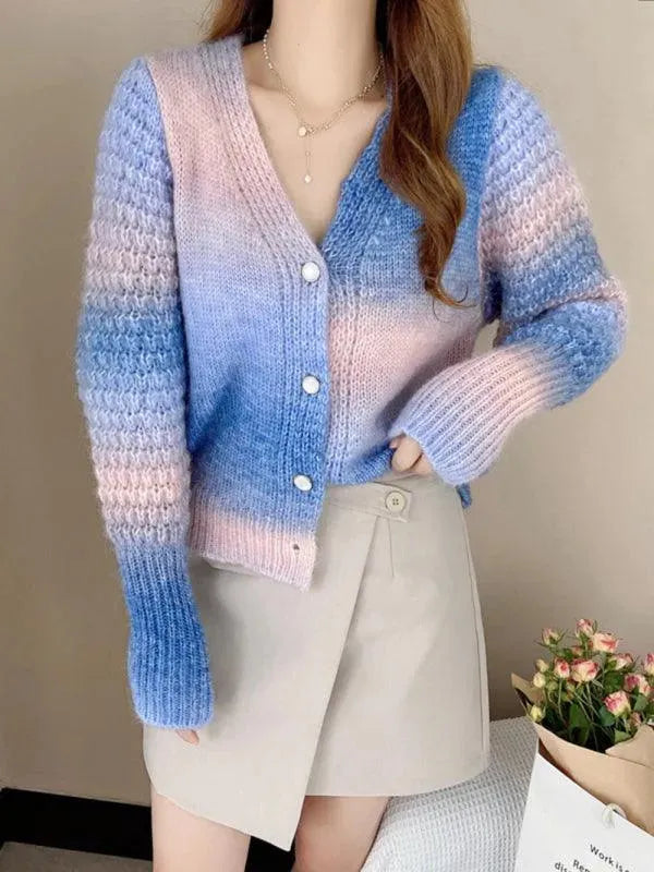 Women’s Rainbow Gradient Cardigan Sweater – V-Neck Knit
