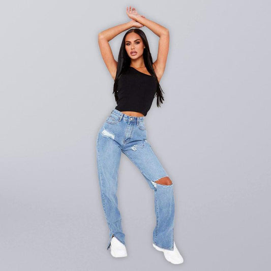 Women's Straight Ripped Jeans With Ankle Slits - Women Jeans - LeStyleParfait Kenya