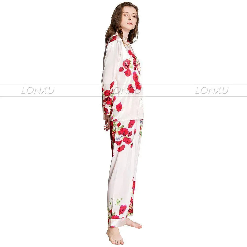 Women Silk Pajama Set, Floral - Pajama Pant Set - LeStyleParfait