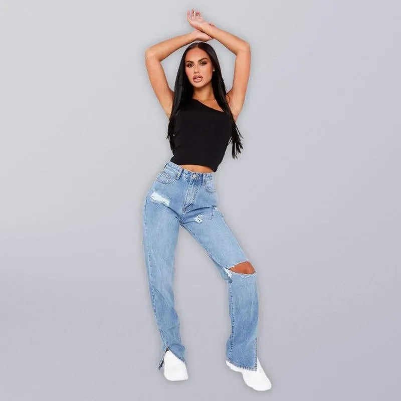 Women Straight Ripped Jeans With Ankle Slits - Women Jeans - LeStyleParfait