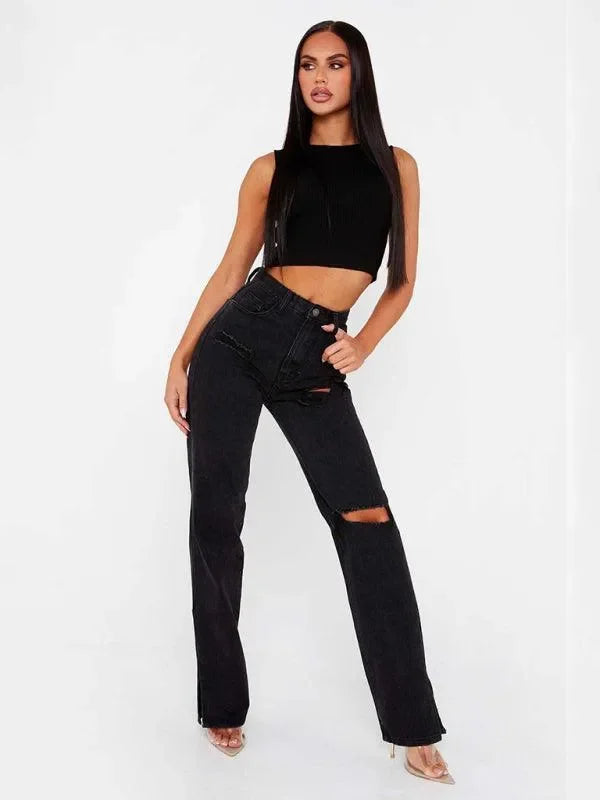 Women Straight Ripped Jeans With Ankle Slits - Women Jeans - LeStyleParfait