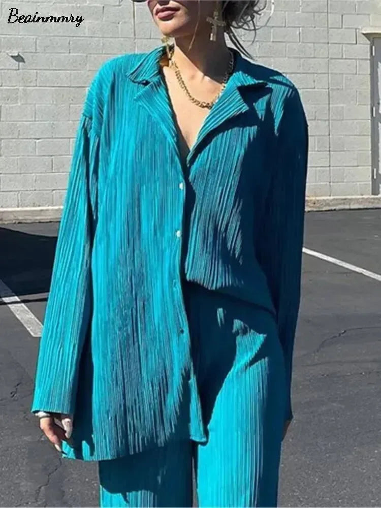 Women Vibrant Pleated Two-Piece Pants Set - Pleated Pants Set - LeStyleParfait