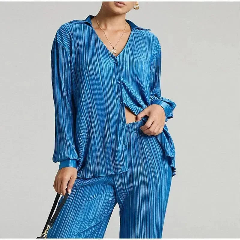 Women Vibrant Pleated Two-Piece Pants Set - Pleated Pants Set - LeStyleParfait
