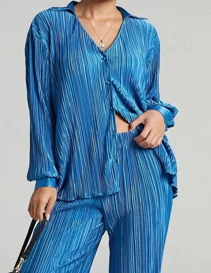 Women Vibrant Pleated Two-Piece Pants Set - Pleated Pants Set - LeStyleParfait