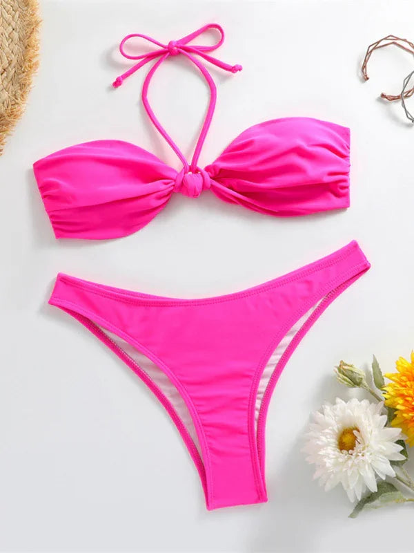 Women White Bandeau String Bikini Set