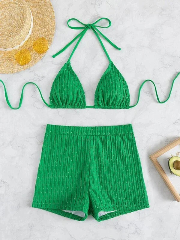Women White Bikini With Swim Shorts Set