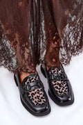 Women’s animal print mesh detail leather moccasins, elegant women’s leather office flats for spring and autumn