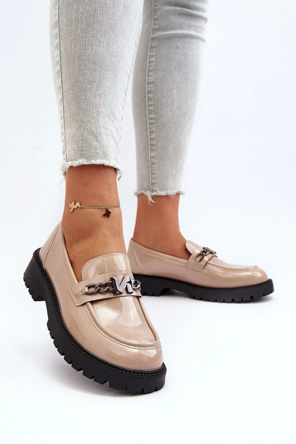 Women’s beige eco leather platform moc toe loafers, chunky slip on women’s platform loafers for spring looks