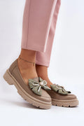Women’s beige leather bow platform moccasins, casual chic women’s platform moccasins for street style