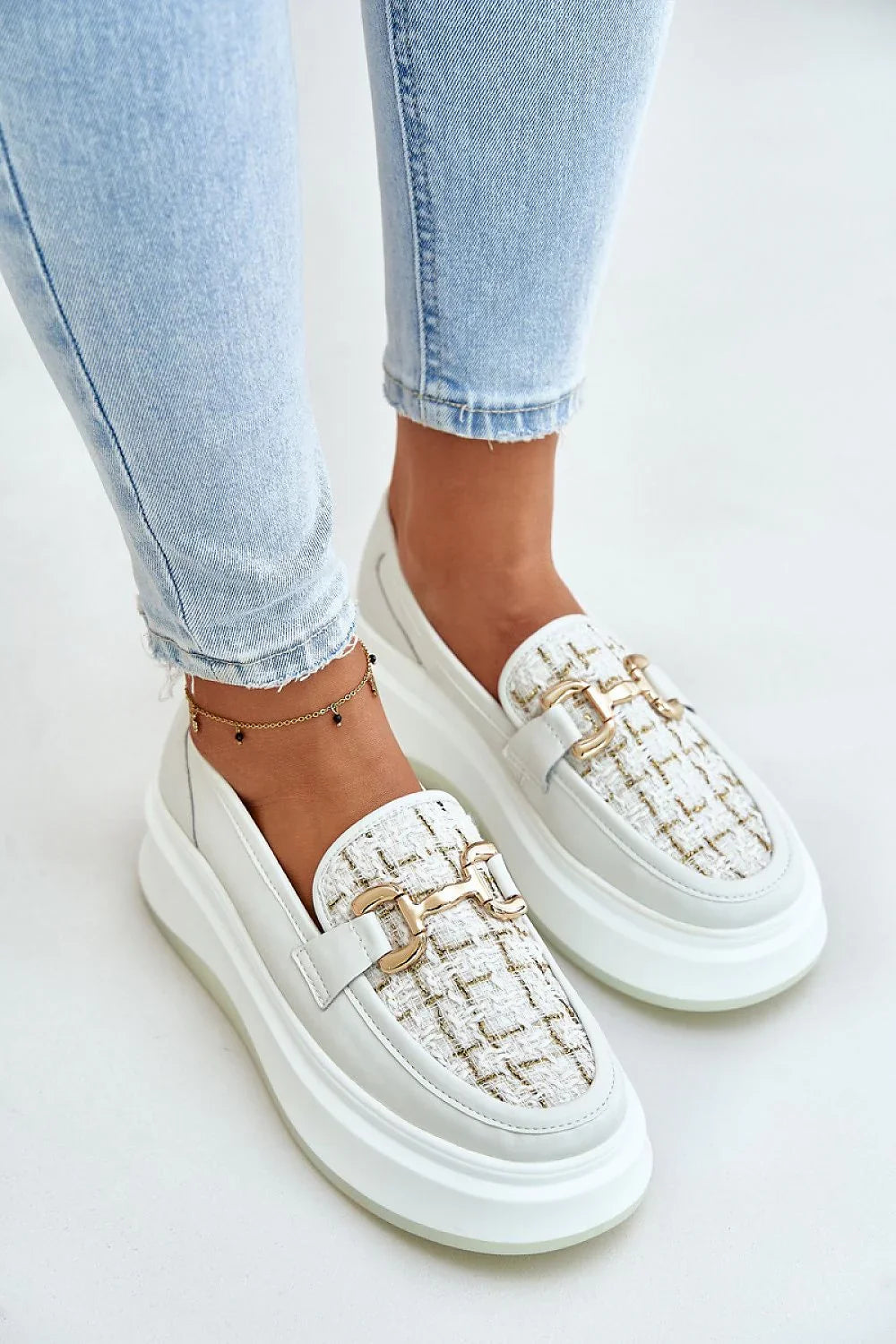 Women’s beige natural leather platform horsebit moccasin loafers, elegant women’s platform loafers for spring–autumn