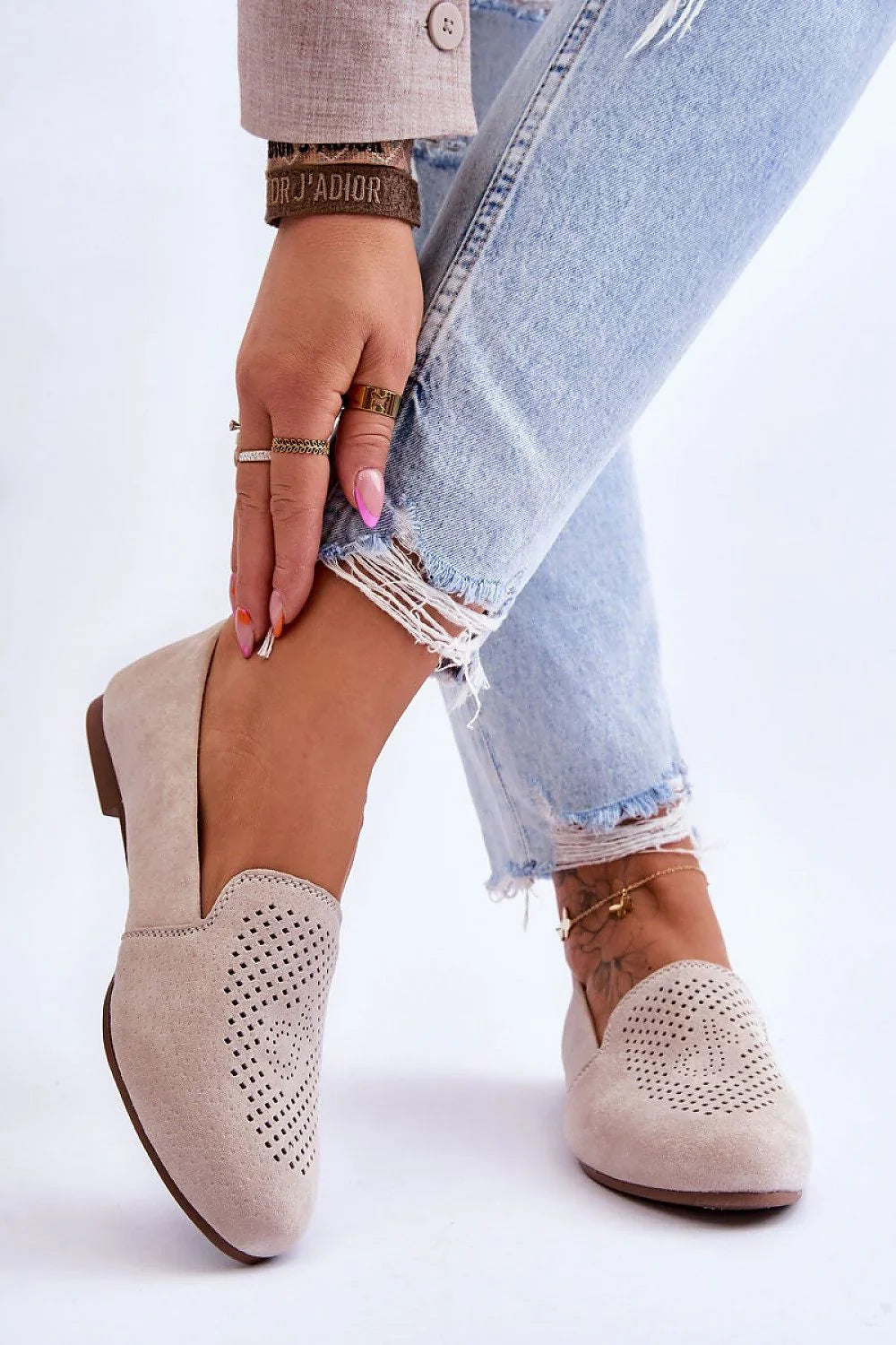 Women’s beige suede perforated moccasin loafers, flat casual women’s moccasin loafers for three‑season wear