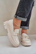 Women’s beige vegan chunky platform moccasin loafers, eco friendly women’s platform loafers for everyday wear