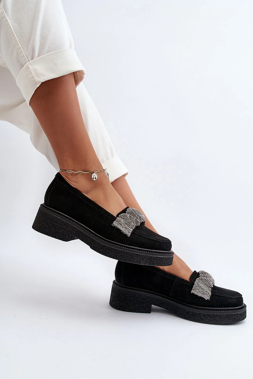 Women’s black suede rhinestone platform moccasin loafers, stylish women’s platform loafers for casual workwear