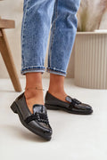 Women’s black vinyl look classic moccasin loafers, versatile women’s autumn office moccasins in eco leather