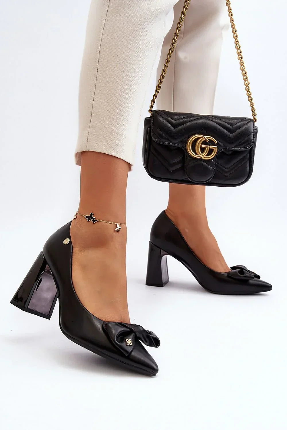 Women's Bow Pointed Toe Block Heel Pumps-Pumps Shoes-LeStyleParfait