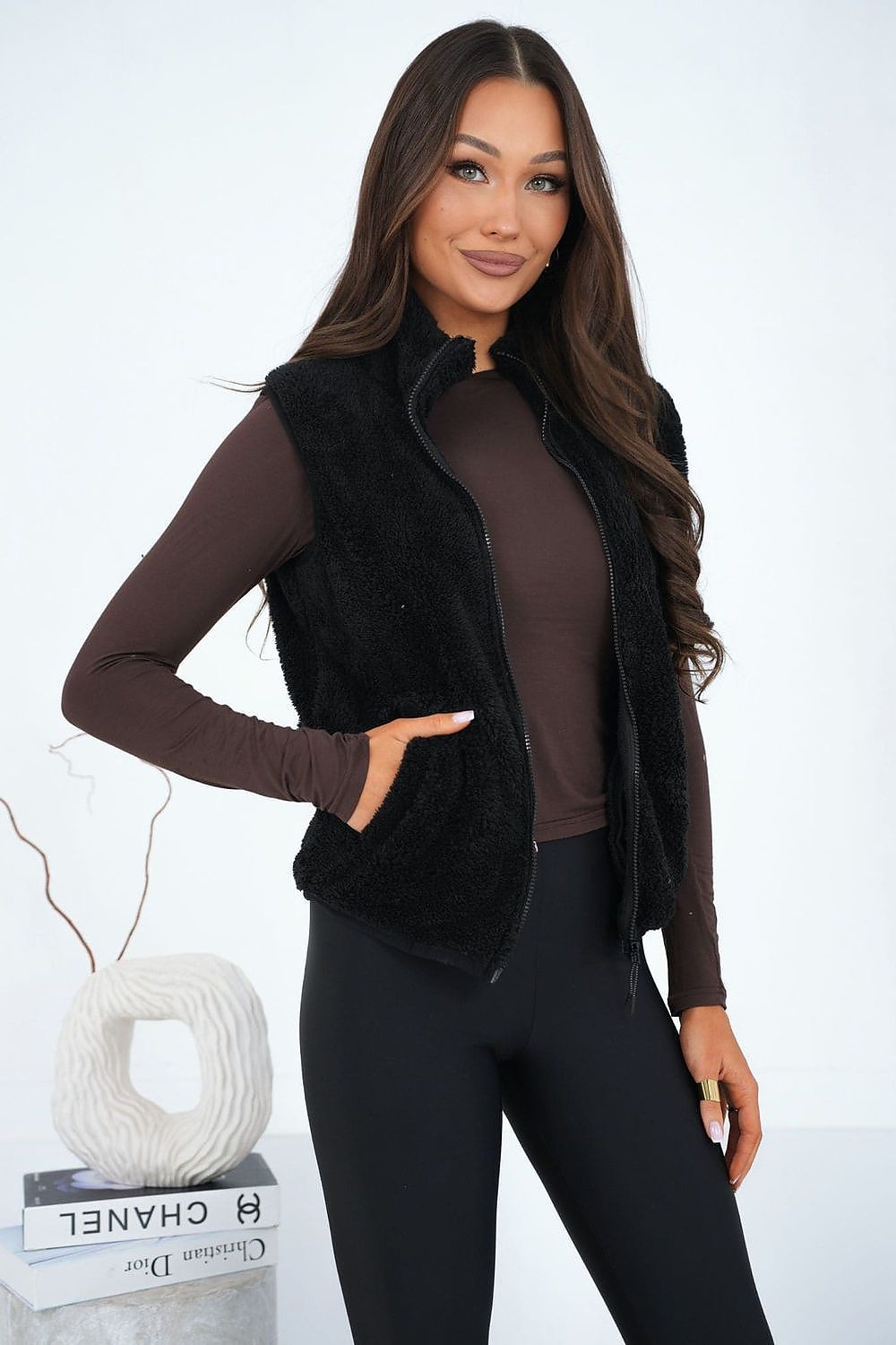 Women's Brown High Neck Faux Fur Vest-Women's Vest-black-XS/S-LeStyleParfait