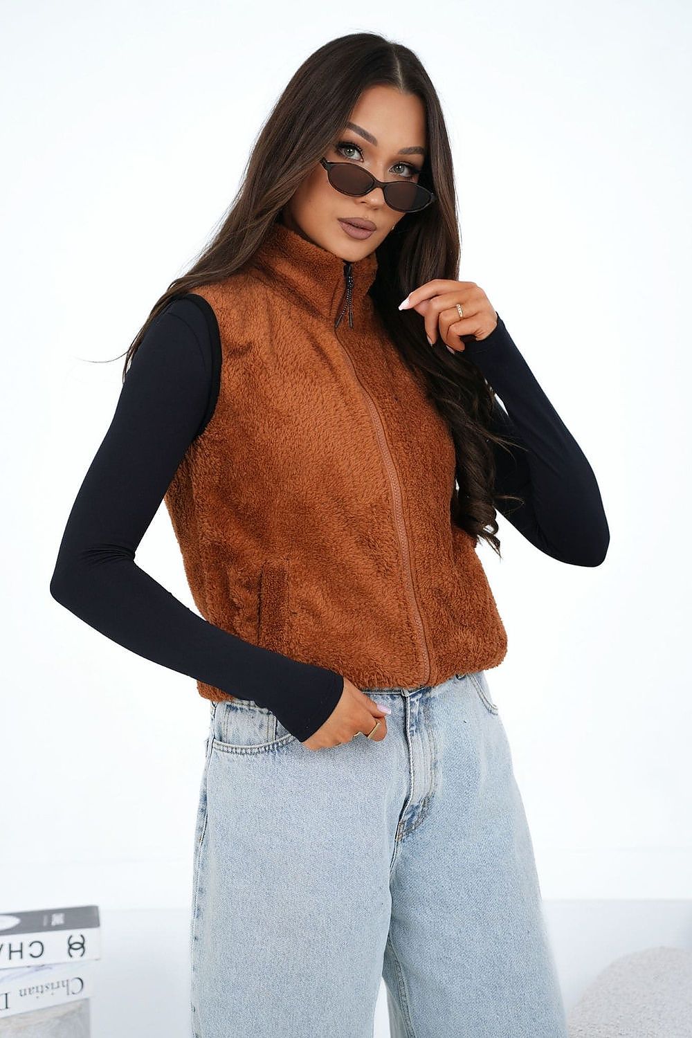 Women's Brown High Neck Faux Fur Vest-Women's Vest-brown-XS/S-LeStyleParfait