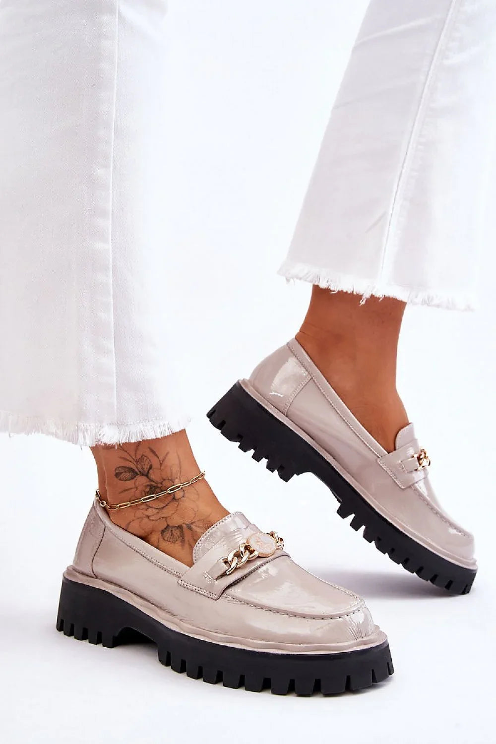 Women’s chain detail eco leather platform moccasins, chunky women’s platform loafers for spring and autumn