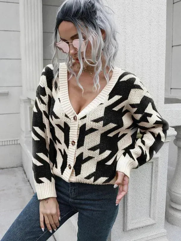 Women's Check Knit V-Neck Button Cardigan Sweater
